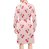 cherry pattern pink background Men's Long Sleeve Belted Night Robe