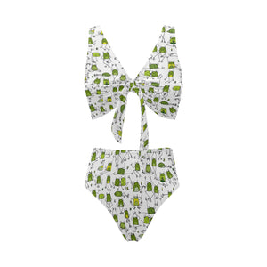 Sketch funny frog pattern Chest Bowknot High Waisted Bikini Swimsuit