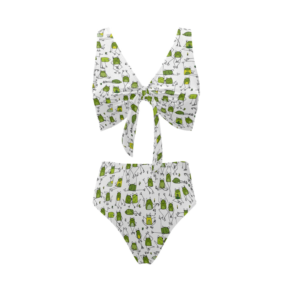 Sketch funny frog pattern Chest Bowknot High Waisted Bikini Swimsuit
