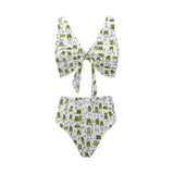 Sketch funny frog pattern Chest Bowknot High Waisted Bikini Swimsuit