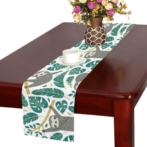 Cute sloths tropical palm leaves white background Table Runner