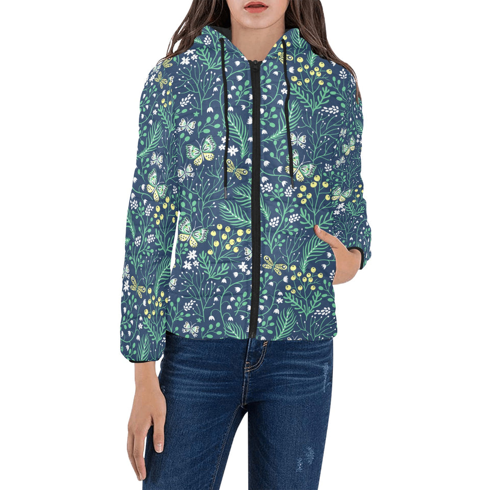 butterfly leaves pattern Women's Padded Hooded Jacket