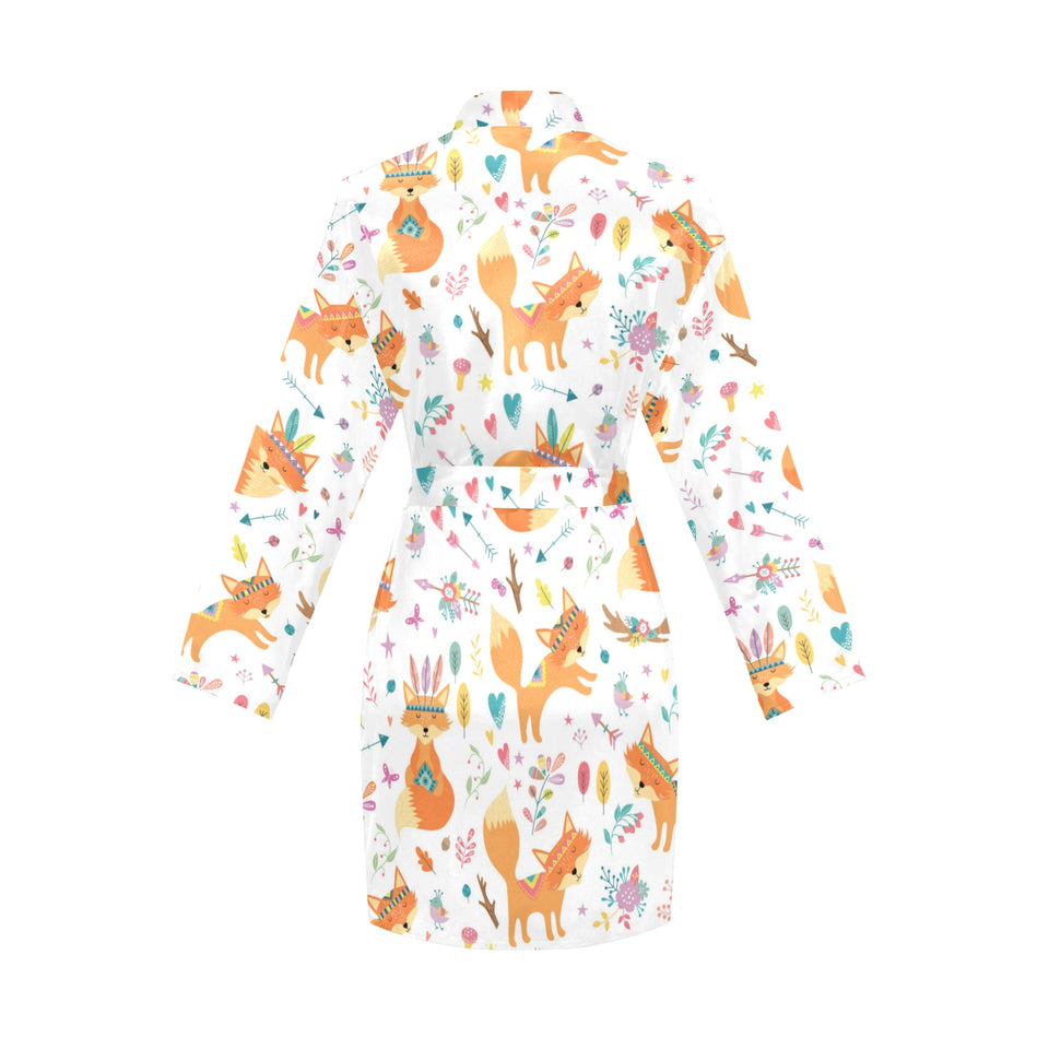 cute tribal fox pattern Women's Long Sleeve Belted Night Robe