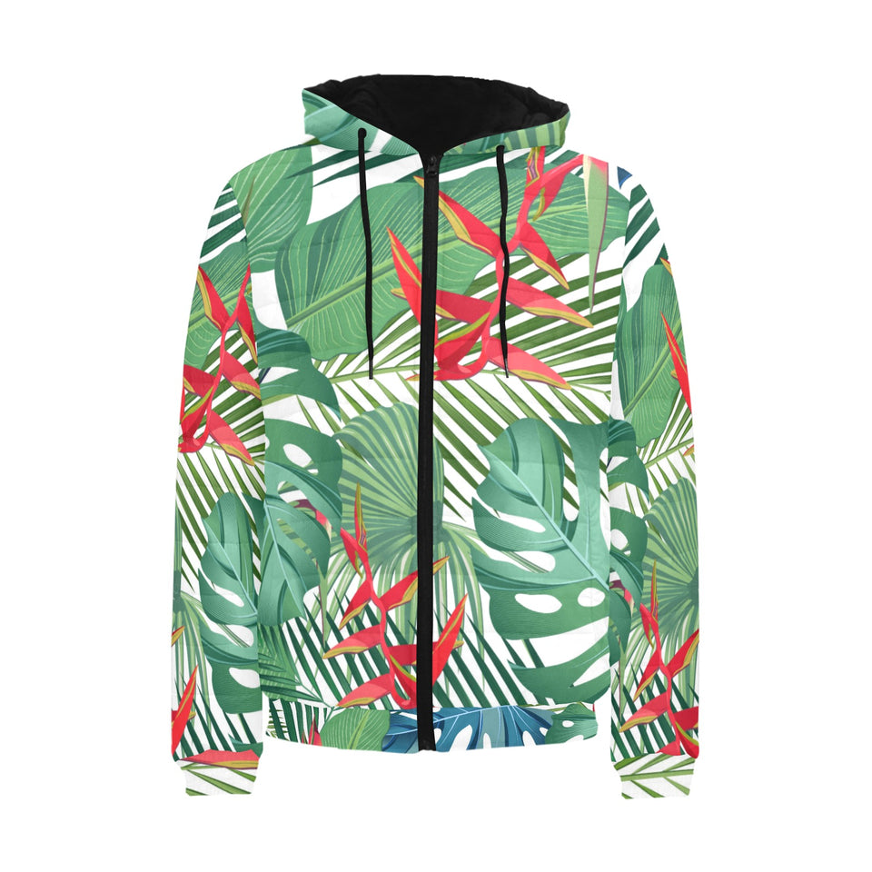 heliconia palm and monstera leaves pattern Men's Padded Hooded Jacket