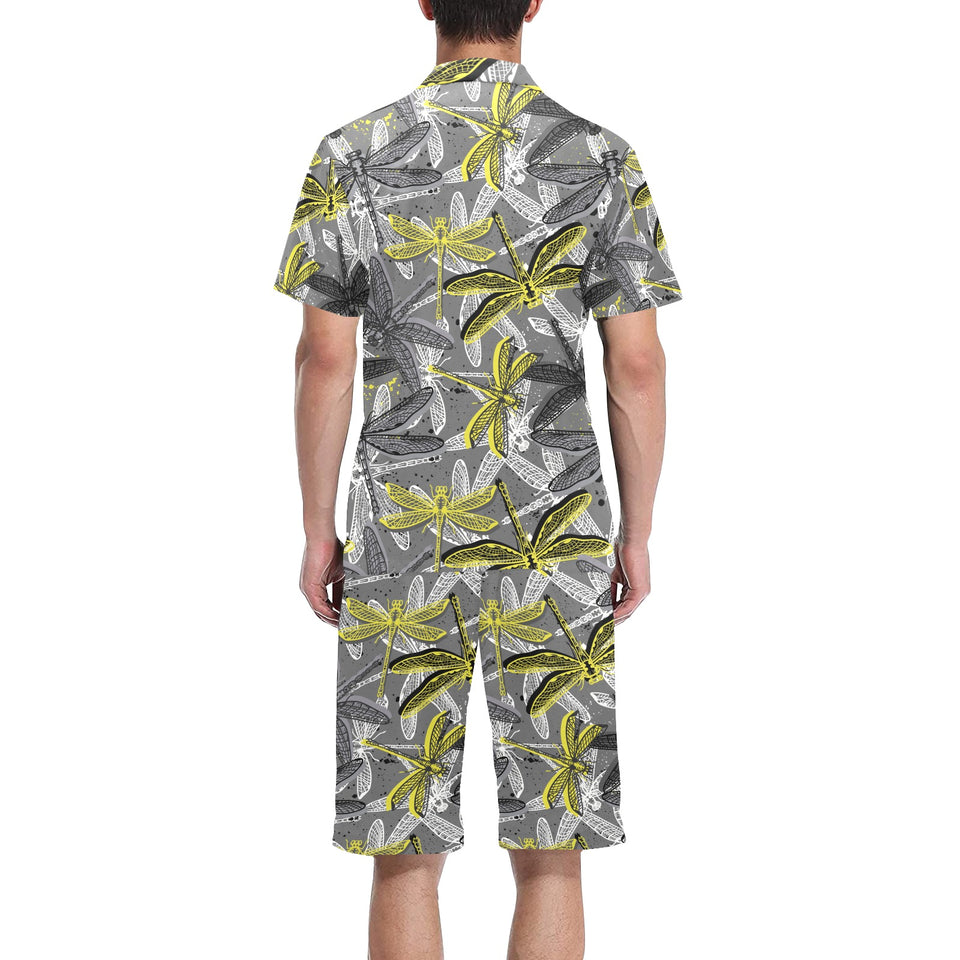Hand drawn dragonfly pattern Men's V-Neck Short Pajama Set
