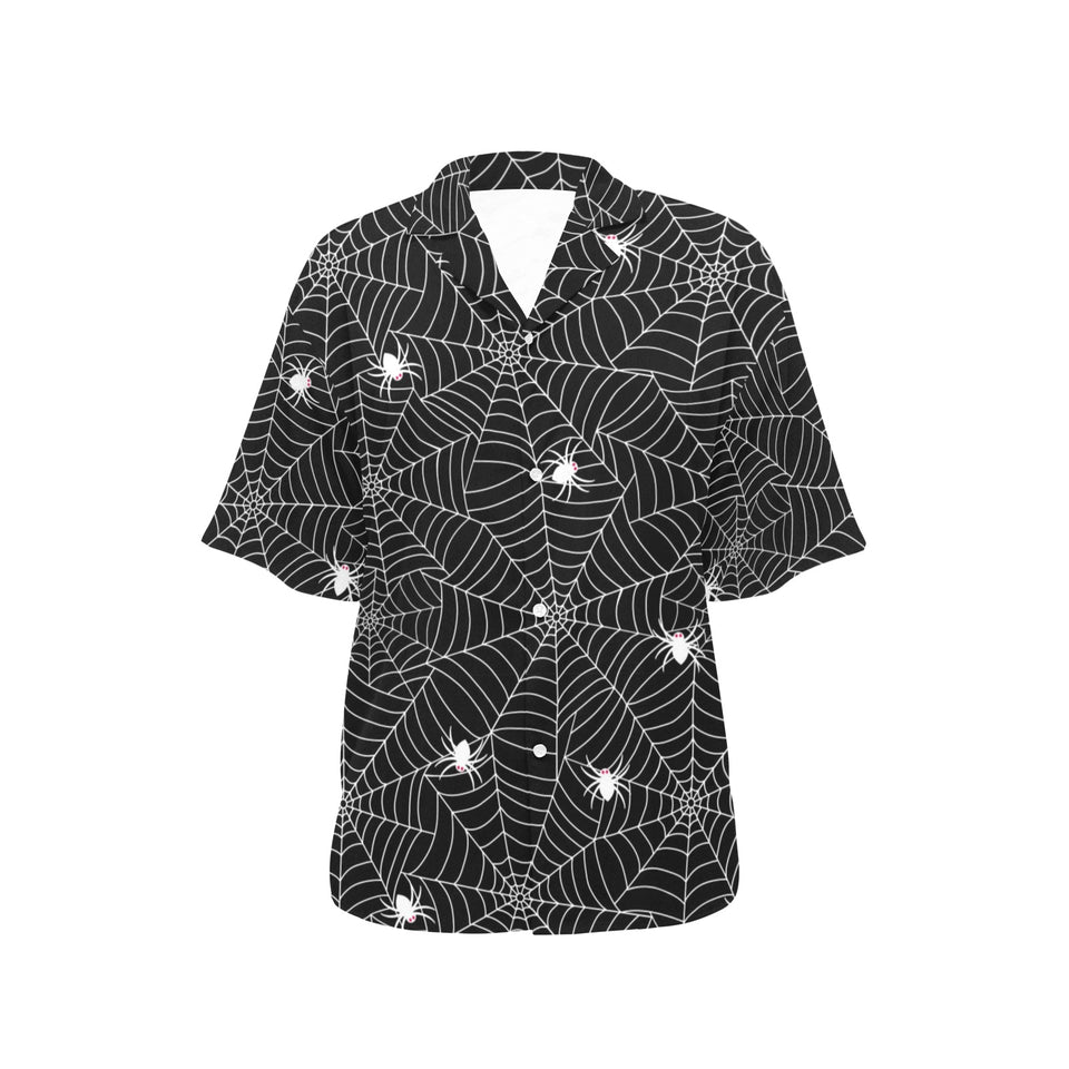 Spider web design pattern Black background white c Women's All Over Print Hawaiian Shirt