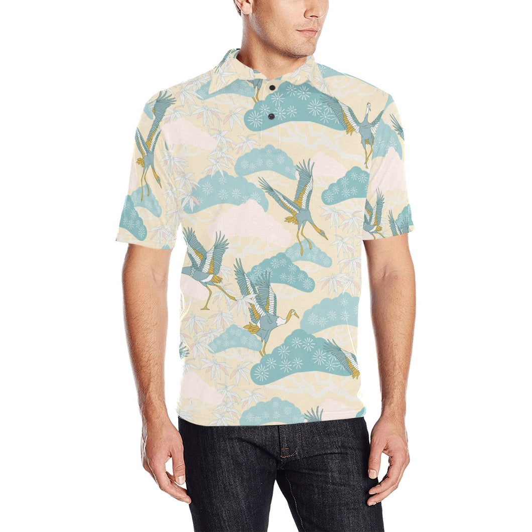 Bonsai bamboo stork japanese pattern cream theme Men's All Over Print Polo Shirt