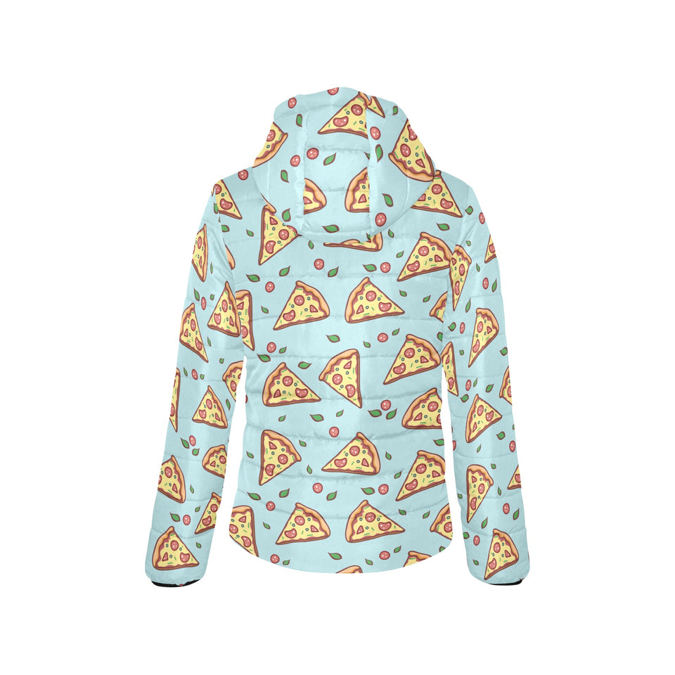Hand drawn pizza blue background Women's Padded Hooded Jacket
