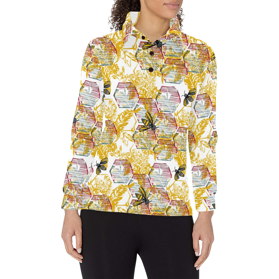 Cool Bee honeycomb leaves pattern Women's Long Sleeve Polo Shirt
