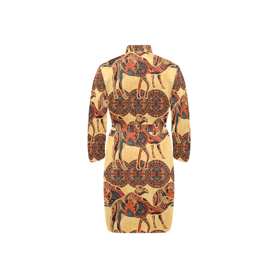 Camel polynesian tribal design pattern Men's Long Sleeve Belted Night Robe