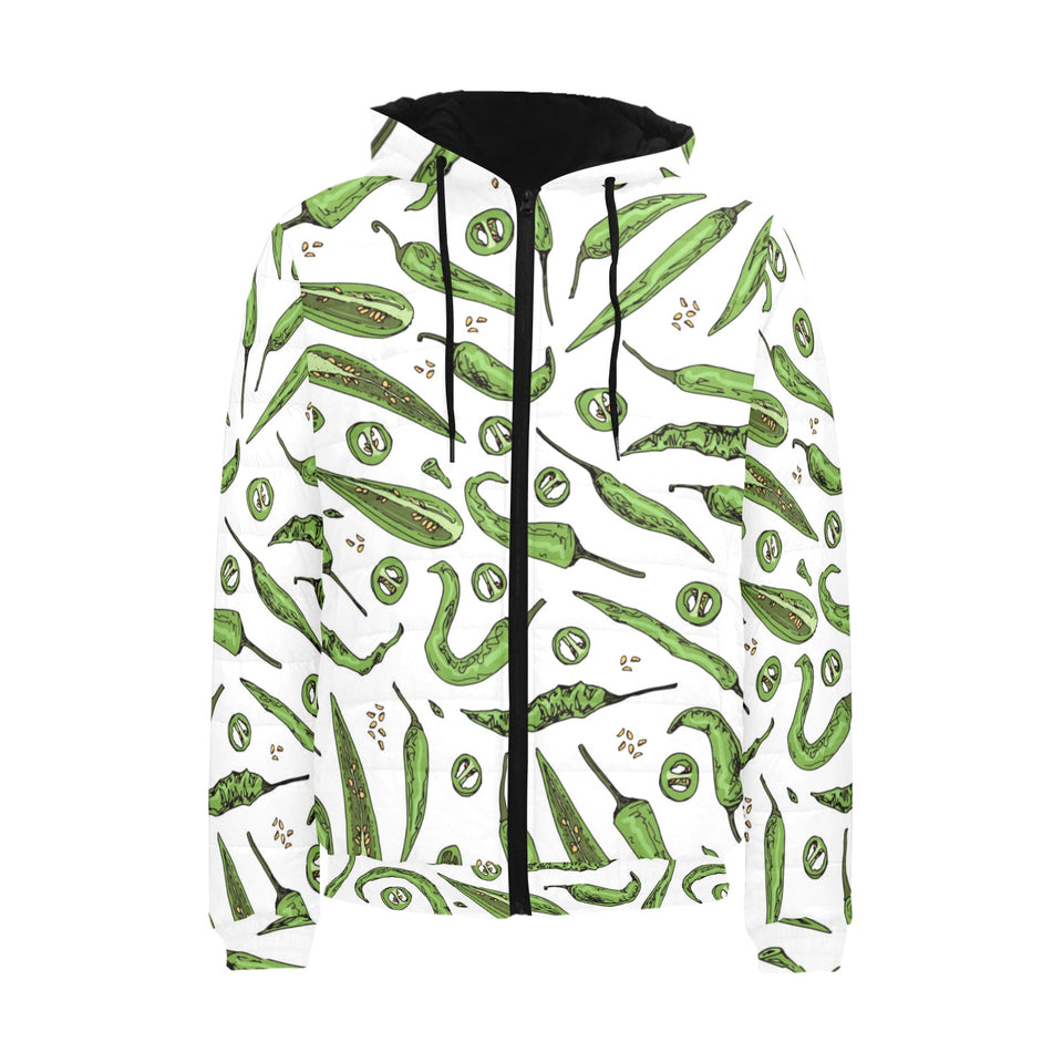 Hand drawn sketch style green Chili peppers patter Men's Padded Hooded Jacket