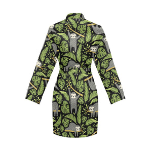 Cute sloths tropical palm leaves black background Women's Long Sleeve Belted Night Robe