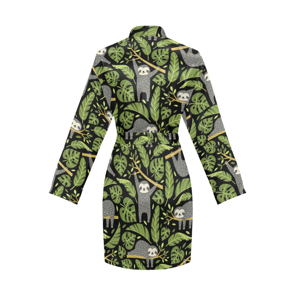 Cute sloths tropical palm leaves black background Women's Long Sleeve Belted Night Robe