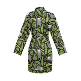 Cute sloths tropical palm leaves black background Women's Long Sleeve Belted Night Robe