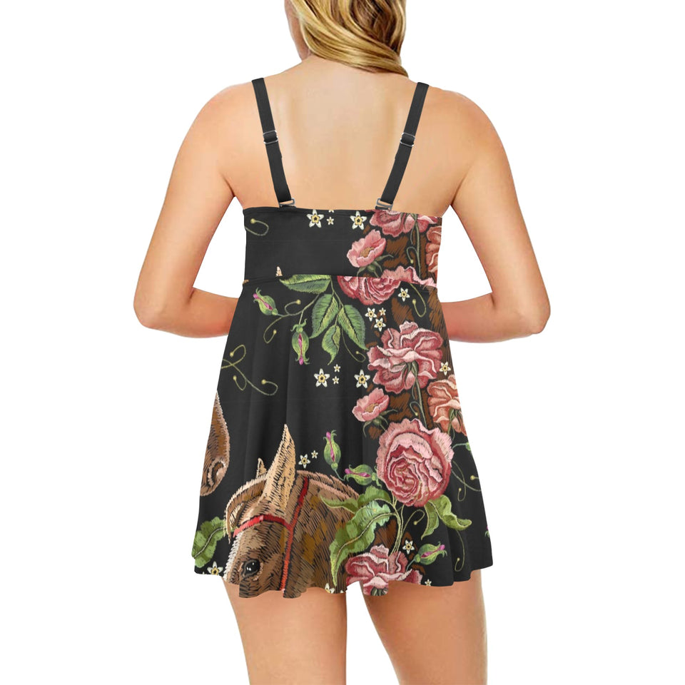 Horse head wild roses pattern Chest Sexy Pleated Two Piece Swim Dress