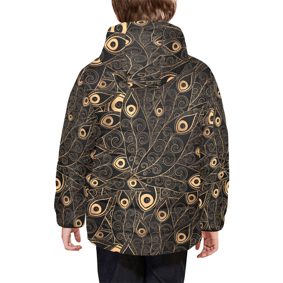 Gold peacock feather pattern Kids' Boys' Girls' Padded Hooded Jacket