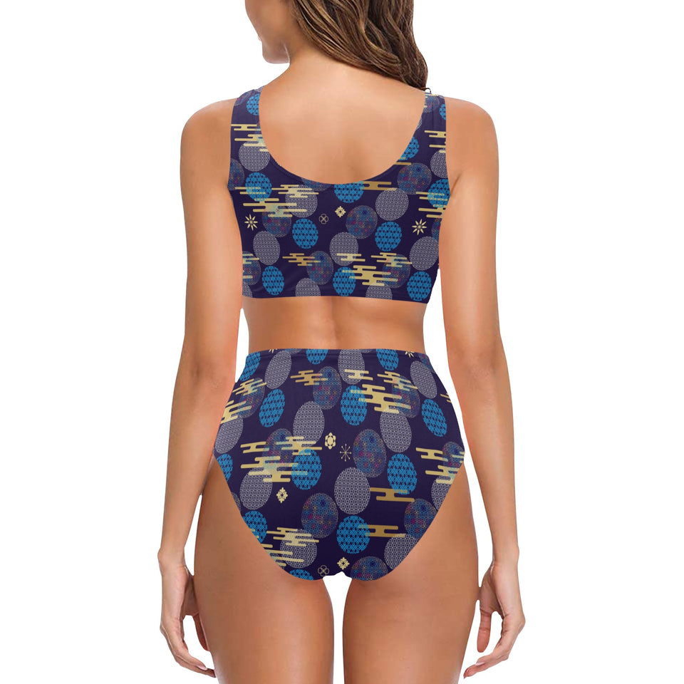 Blue japanese pattern cloud wave flower Chest Bowknot High Waisted Bikini Swimsuit