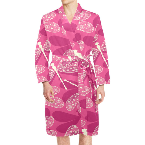 Beautiful dragonfly pink background Men's Long Sleeve Belted Night Robe