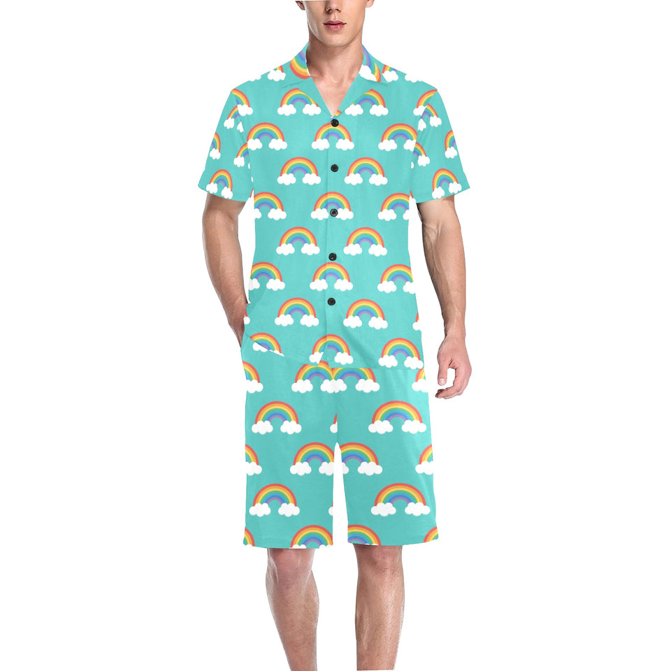 Rainbow pattern green background Men's V-Neck Short Pajama Set