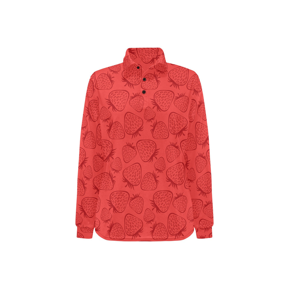 strawberry pattern red background Women's Long Sleeve Polo Shirt