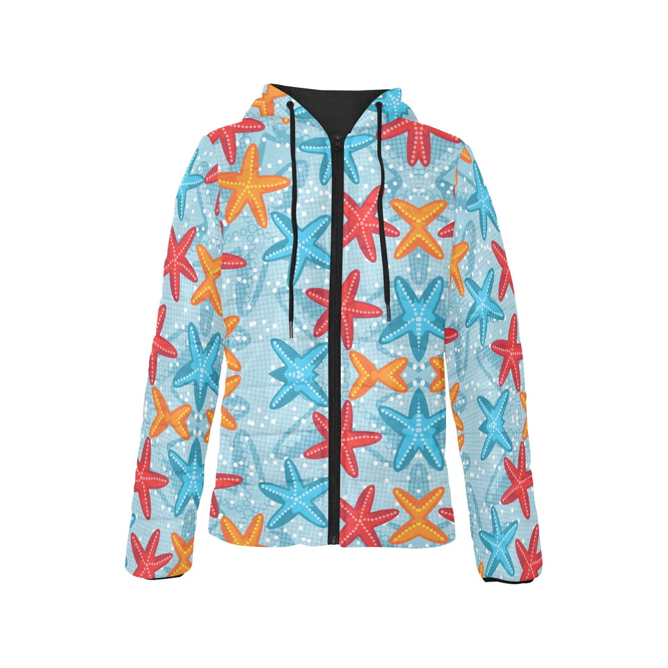 Blue red orange starfish pattern Women's Padded Hooded Jacket