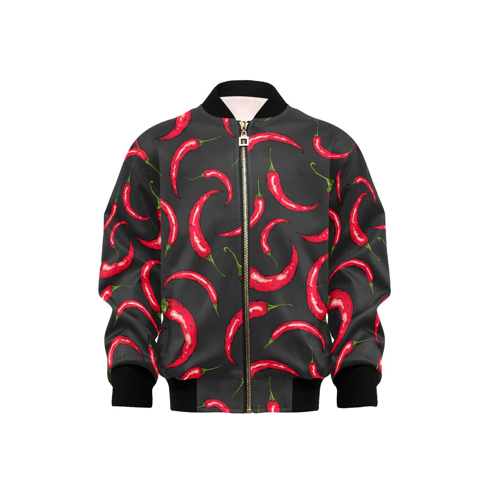 Chili peppers pattern black background Kids' Boys' Girls' Bomber Jacket