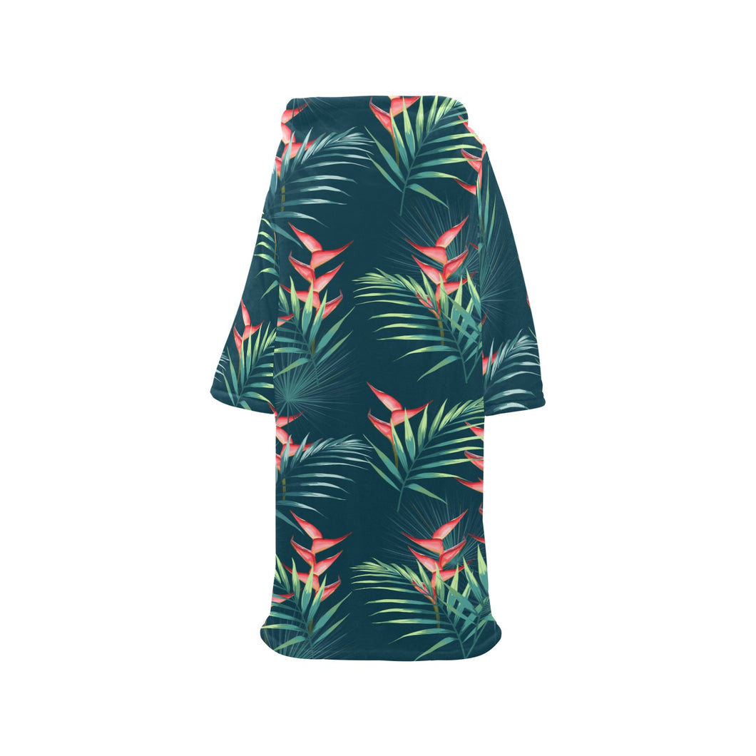 heliconia flowers, palm and monstera leaves on bla Blanket Robe with Sleeves