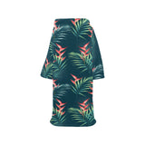 heliconia flowers, palm and monstera leaves on bla Blanket Robe with Sleeves