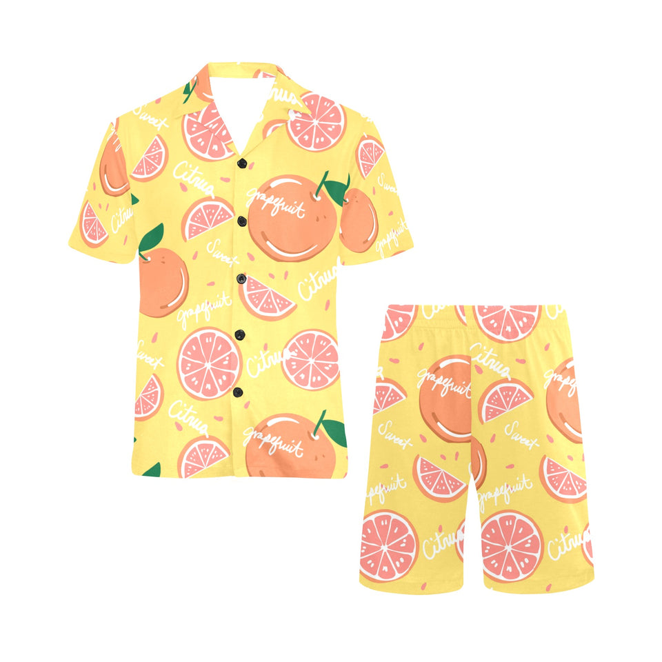 Grapefruit yellow background Men's V-Neck Short Pajama Set