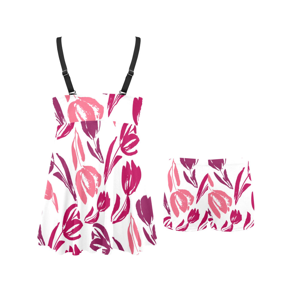 pink sketch tulip pattern Chest Sexy Pleated Two Piece Swim Dress