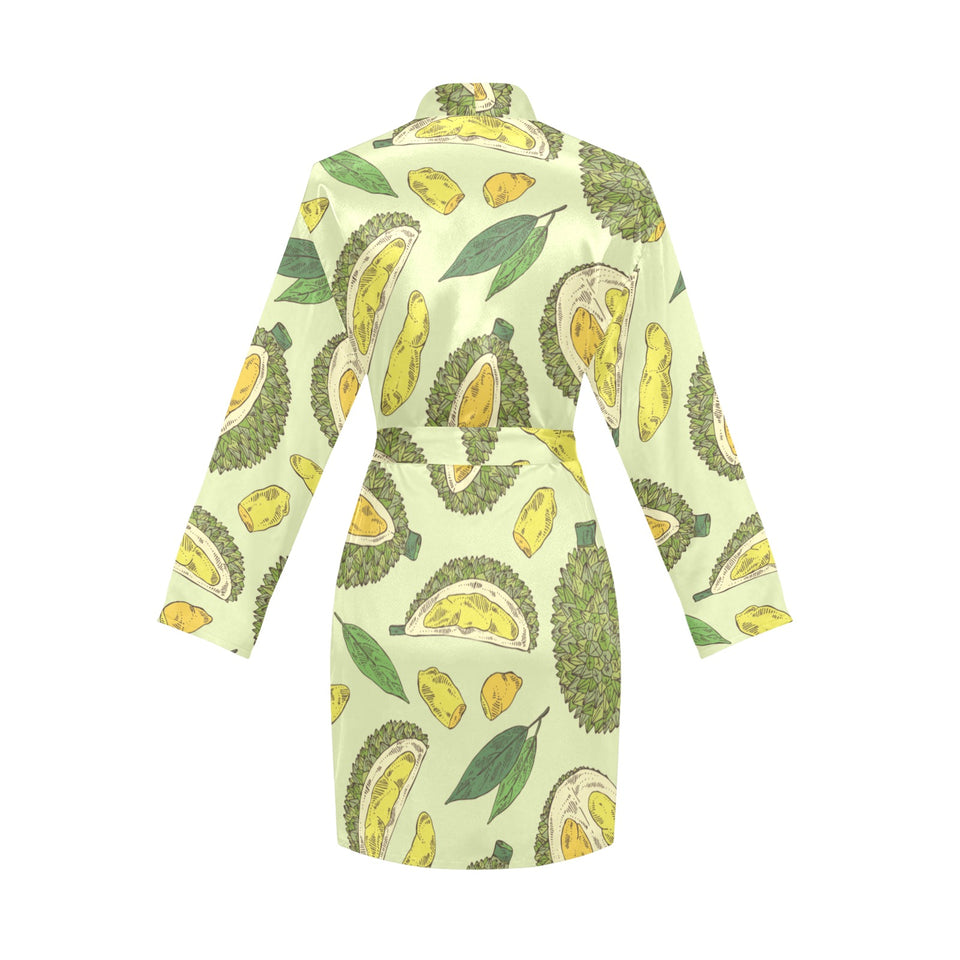 Durian leaves pattern background Women's Long Sleeve Belted Night Robe
