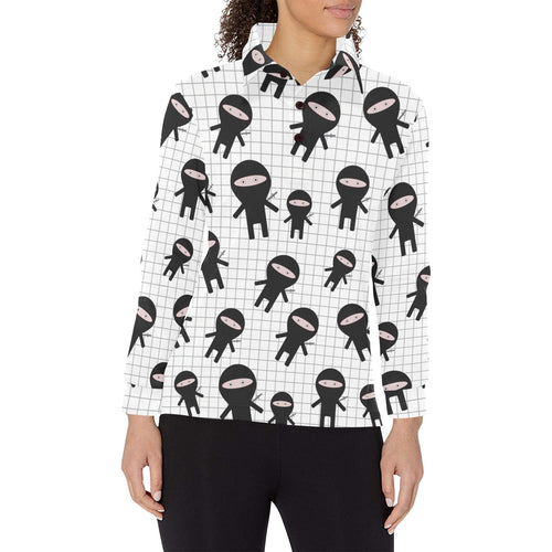 Ninja pattern plaid background Women's Long Sleeve Polo Shirt