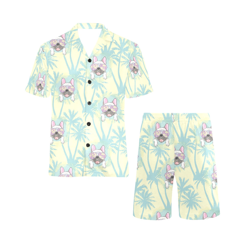 French bulldog hawaii blackground Men's V-Neck Short Pajama Set