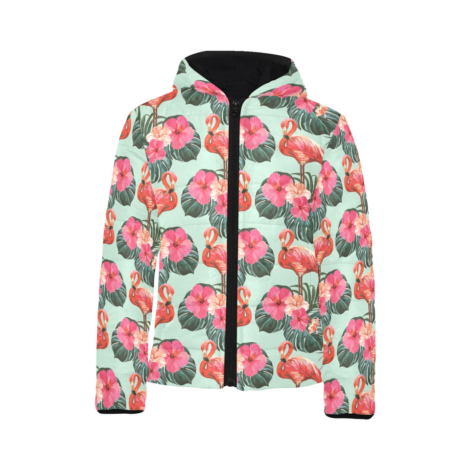 Beautiful flamingo tropical palm leaves hibiscus p Kids' Boys' Girls' Padded Hooded Jacket