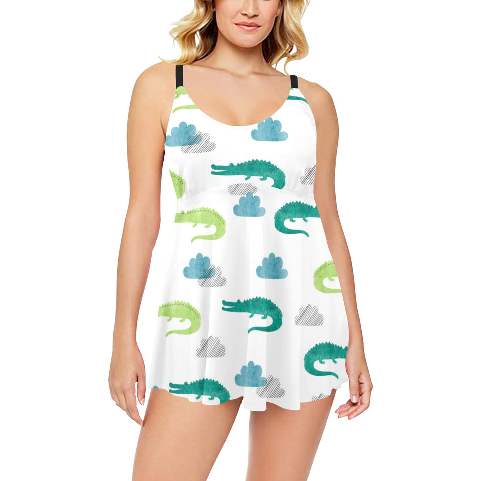 watercolor crocodile pattern Chest Sexy Pleated Two Piece Swim Dress