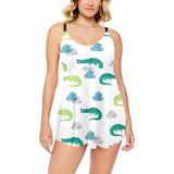 watercolor crocodile pattern Chest Sexy Pleated Two Piece Swim Dress