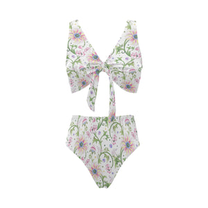 Beautiful pink lotus waterlily leaves pattern Chest Bowknot High Waisted Bikini Swimsuit