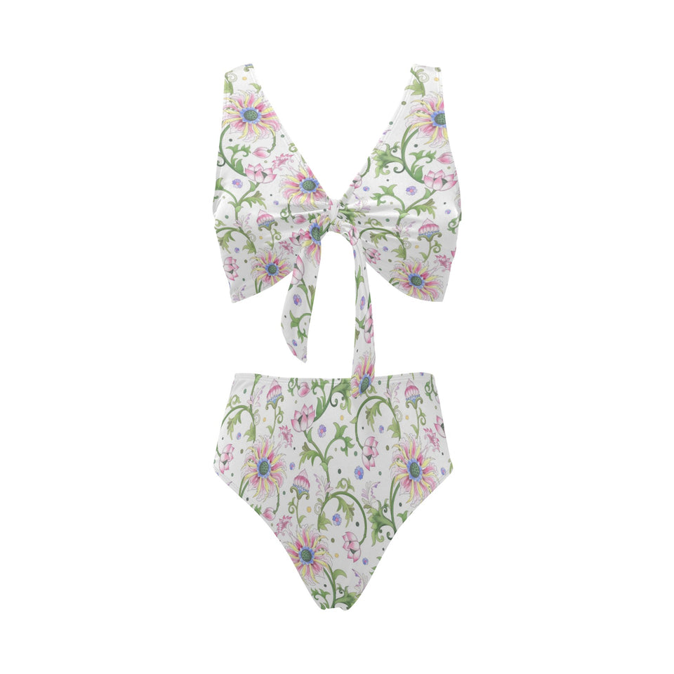 Beautiful pink lotus waterlily leaves pattern Chest Bowknot High Waisted Bikini Swimsuit