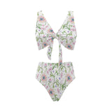 Beautiful pink lotus waterlily leaves pattern Chest Bowknot High Waisted Bikini Swimsuit