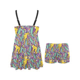 Cute yellow monkey leaves pattern Chest Sexy Pleated Two Piece Swim Dress