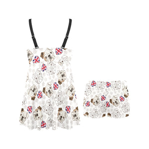 English Bulldog Pattern Print Design 01 Chest Sexy Pleated Two Piece Swim Dress