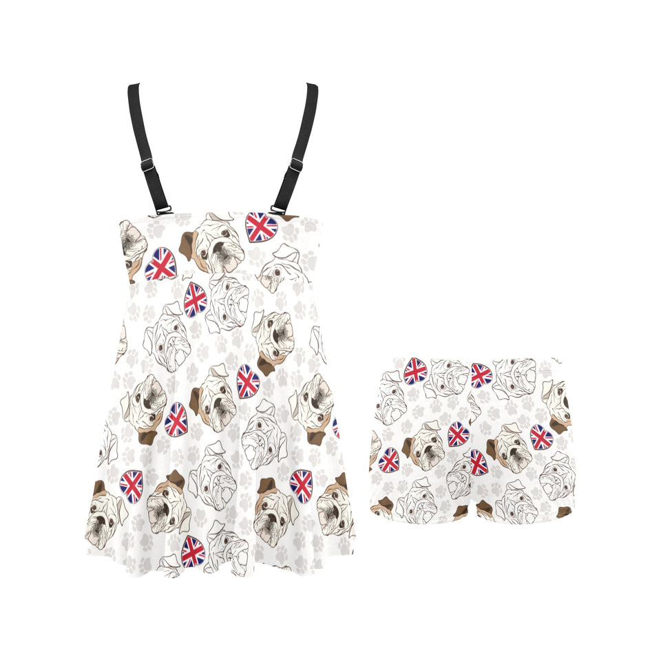 English Bulldog Pattern Print Design 01 Chest Sexy Pleated Two Piece Swim Dress