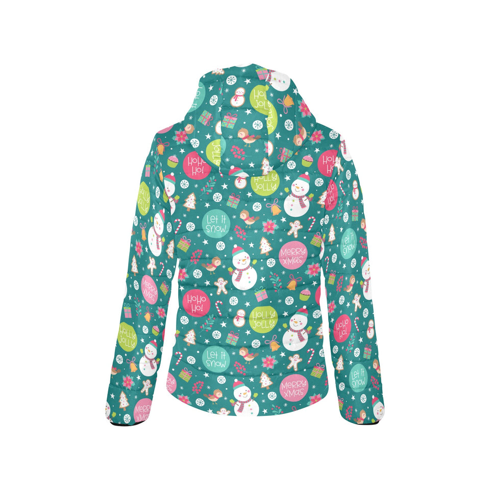 Snowman bird decorative elements christmas pattern Women's Padded Hooded Jacket