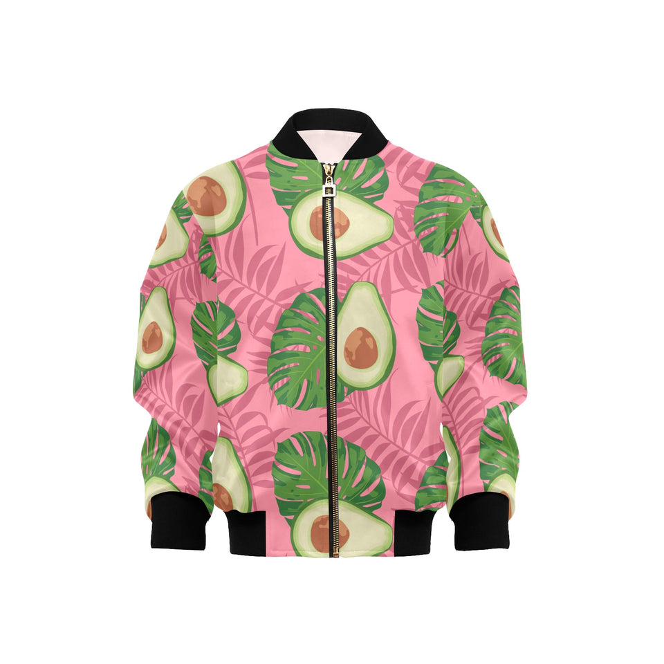 Avocado slices leaves pink back ground Kids' Boys' Girls' Bomber Jacket