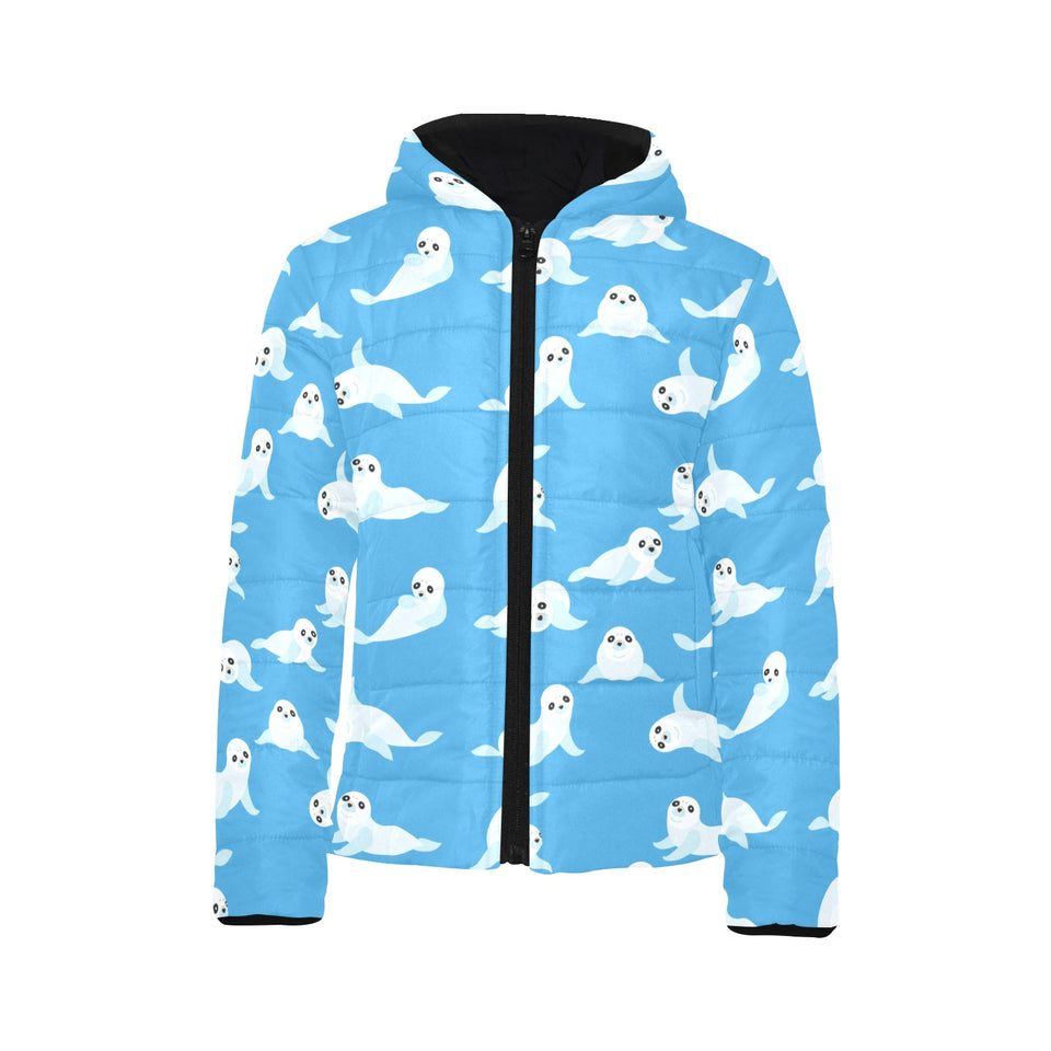 Cute sea lion seal pattern background Kids' Boys' Girls' Padded Hooded Jacket
