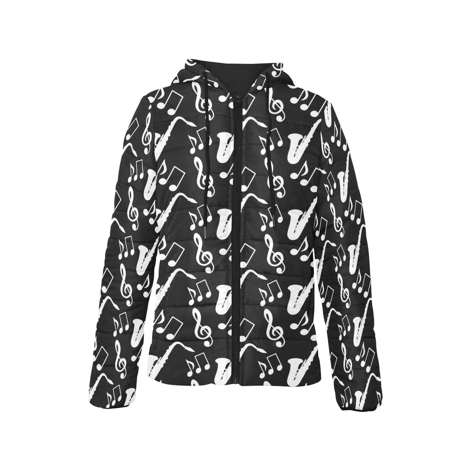 Saxophone music notes treble clef black white them Women's Padded Hooded Jacket