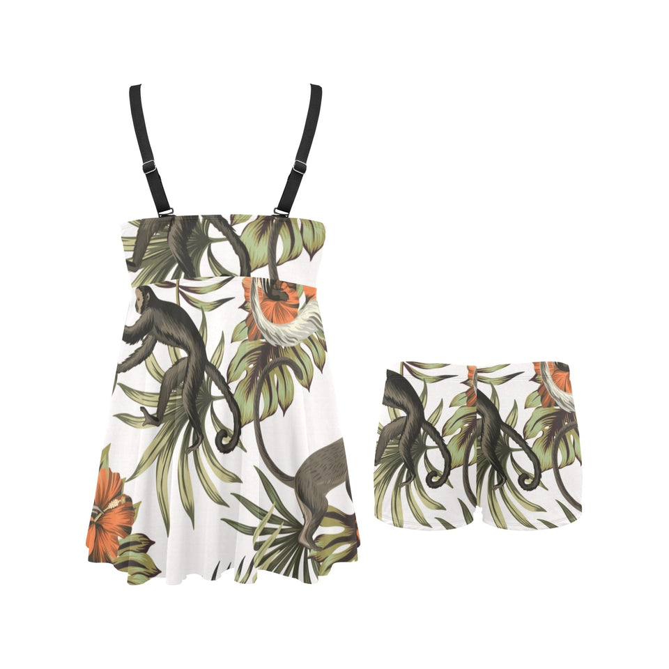 Monkey red hibiscus flower palm leaves floral patt Chest Sexy Pleated Two Piece Swim Dress