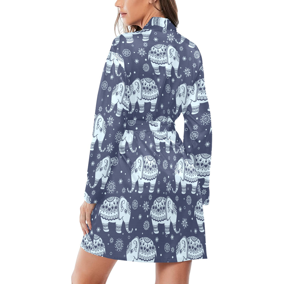 Elephant tribal design pattern Women's Long Sleeve Belted Night Robe