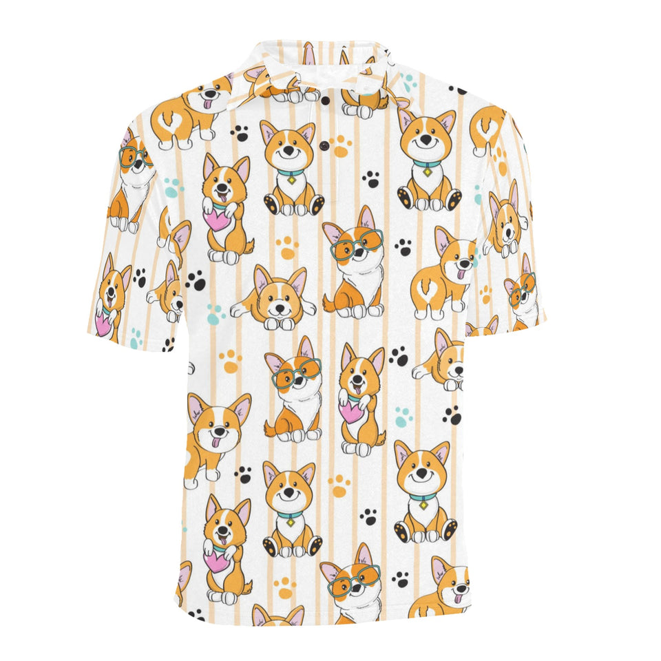 Cute dog corgi striped background pattern Men's All Over Print Polo Shirt