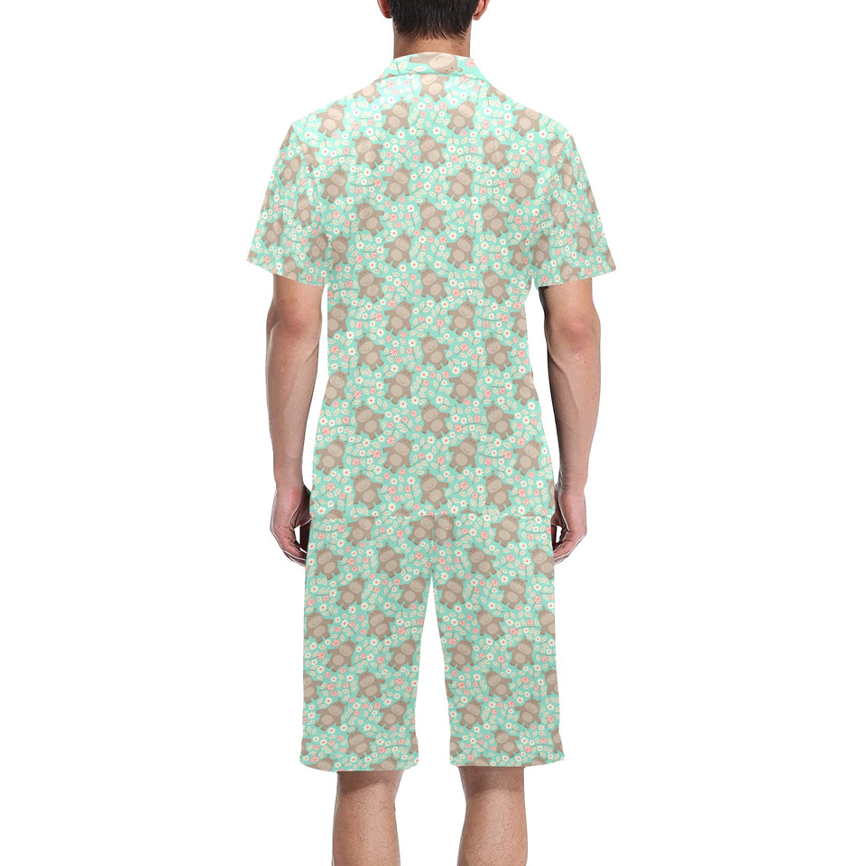 Hippopotamus Pattern Print Design 02 Men's V-Neck Short Pajama Set